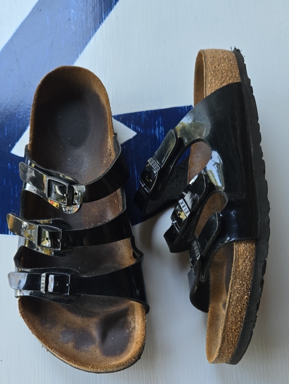 Birkenstock Florida Black Patent Birko-Flor Triple Strap Slide On Sandals Size 8